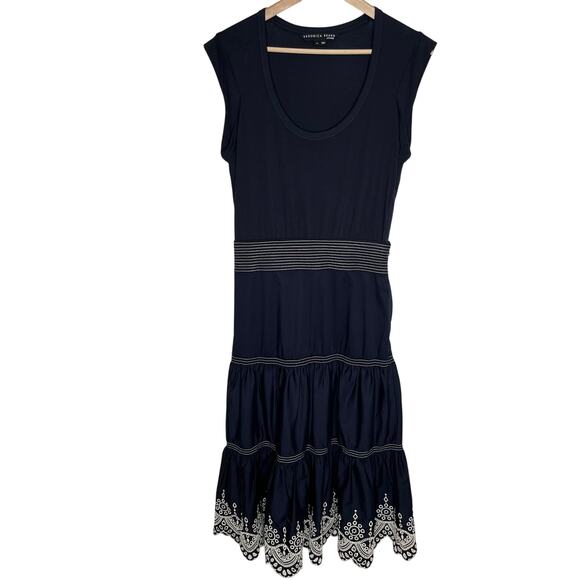 Veronica Beard Amaia Eyelet Midi Dress XS Navy Tiered Embroidered Floral Cotton - Picture 3 of 12